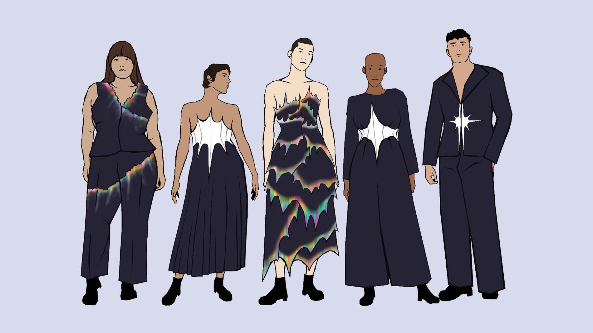 Group of four illustrated female figures wearing dresses and pantsuits with floral details.