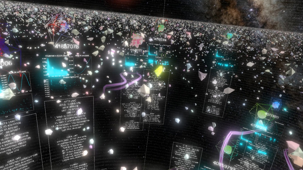 Virtual reality image depicting objects in space made from data points in a black sky with various shapes, colors and lights.