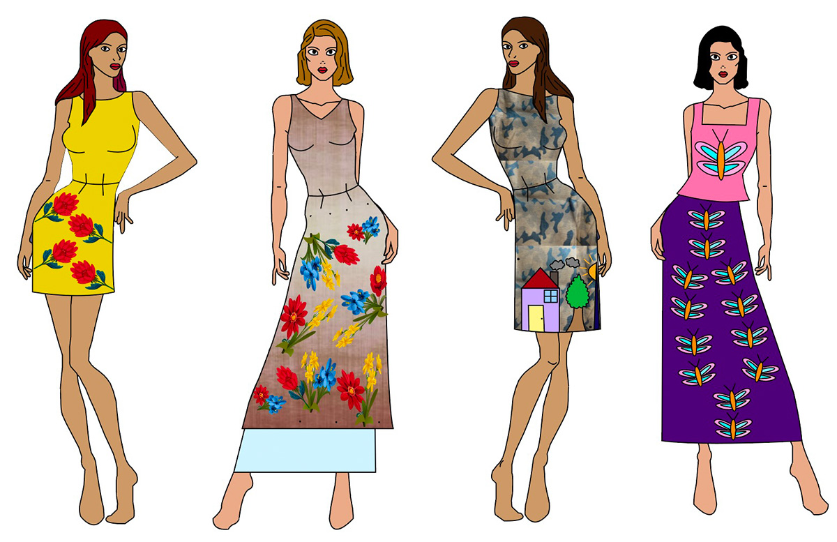Four sketches of the looks from the collection. First sketch is of a yellow green dress with surface details of pink flowers. Second sketch is a lilac dress with a light blue skirt underneath and details of blue, yellow and red flowers on the dress. Third sketch is a blue dress with graphics of a house, a tree and the sun. finally the fourth is a set of a pink top and a purple skirt with butterflies on the surface.