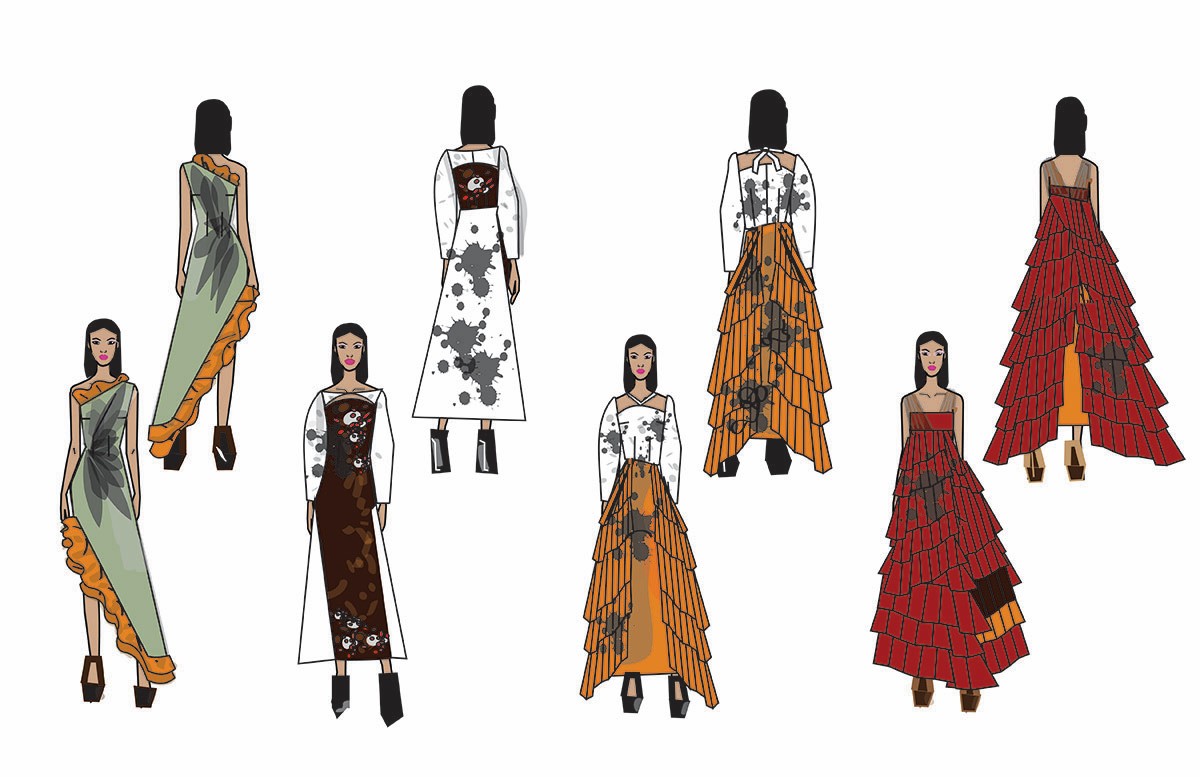 The illustration shows four dresses with long silhouettes with white background. 