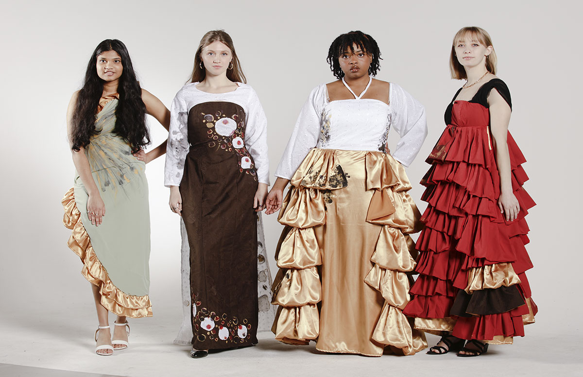This evening wear collection features four dresses inspired by food colors like red, brown, yellow, white, green and black.   