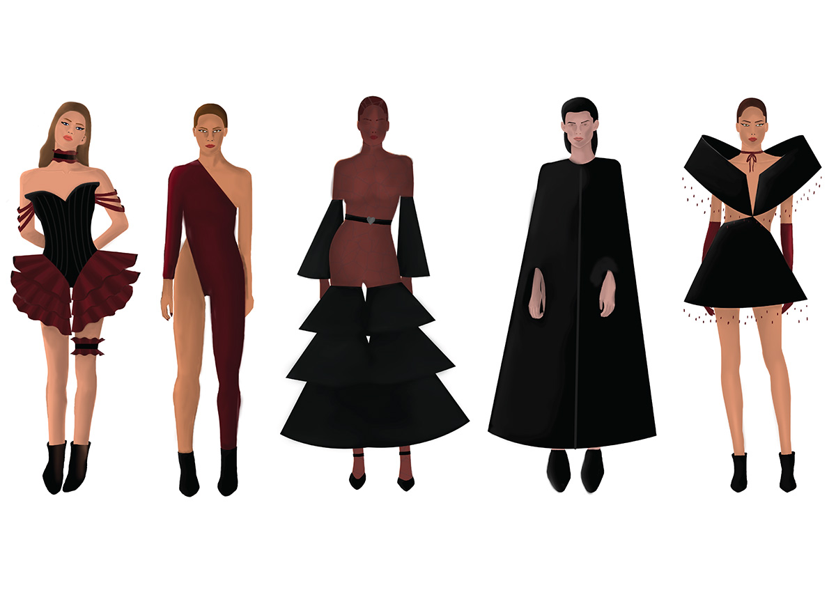 Five illustrated models wear dramatic outfits: a ruffled corset bodysuit with three-tiered beaded sleeves, a red asymmetrical jumpsuit, a black sheer jumpsuit with tiered tulle sleeves and legs, a long black hooded cape, and a black corseted skirt with a sculptural top, red beaded details, and red gloves.