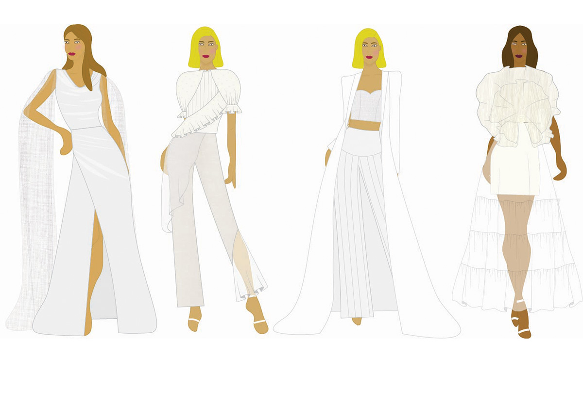 Four illustrated models wear modern white evening wear outfits, including dresses and pants, with dramatic sleeves, floor length fabric, ruffles, and sheer layered details.