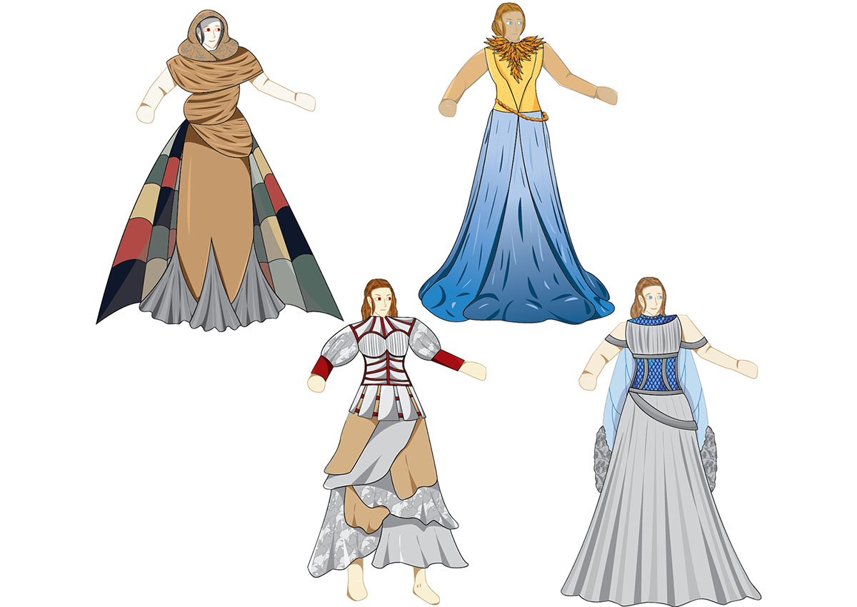 Four illustrations on a white background of 3 dresses and one skirt and bodice combo. 