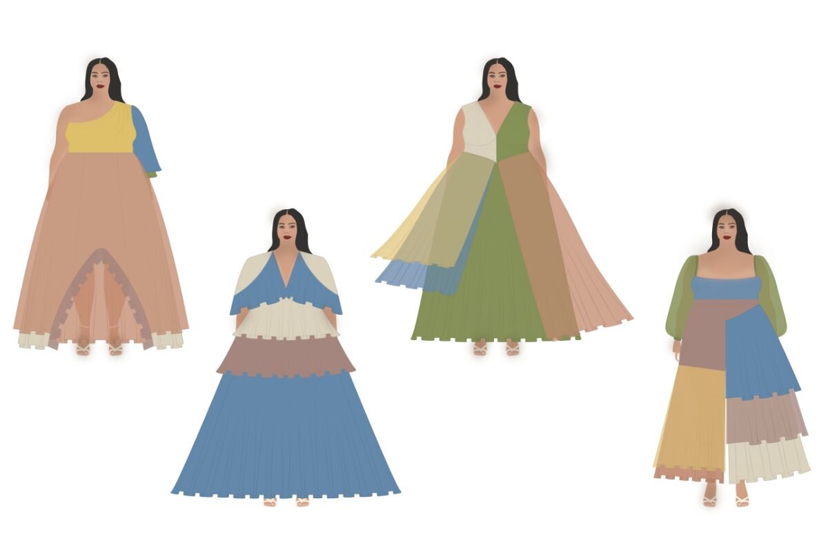 An Illustration of four plus-size women, two with long dresses and two with a top and a bottom. 