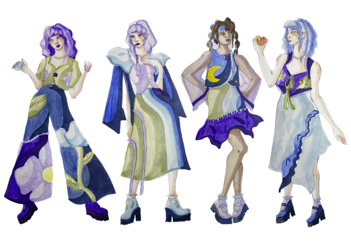 An illustration lineup of four looks in markers and watercolor. The textiles are shades of blues, purples, and sage green in satin and velvet.