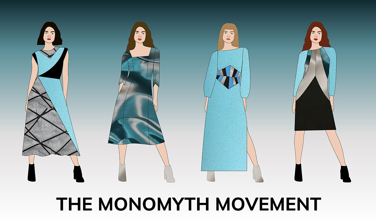 Digital fashion illustration of four teal, black, and silver formal dresses on a teal to white gradian background. Underneath the designs is the text “The Monomyth Movement.”
