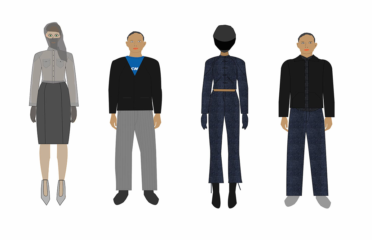Four illustrations of models wearing clothing conceptualized by the designer. 