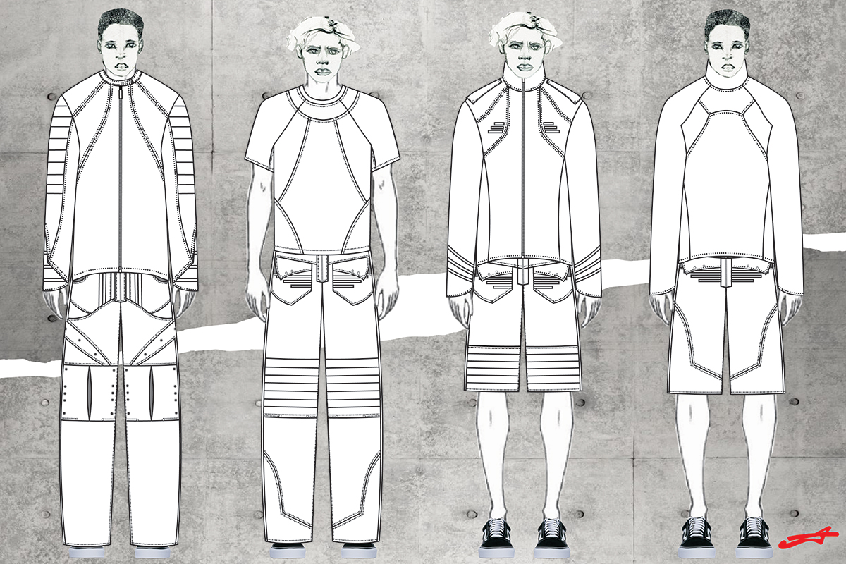 A group of four illustrations of flat sketches, with a concrete background, each garment was left blank to illustrate all technical components and details of the pieces.