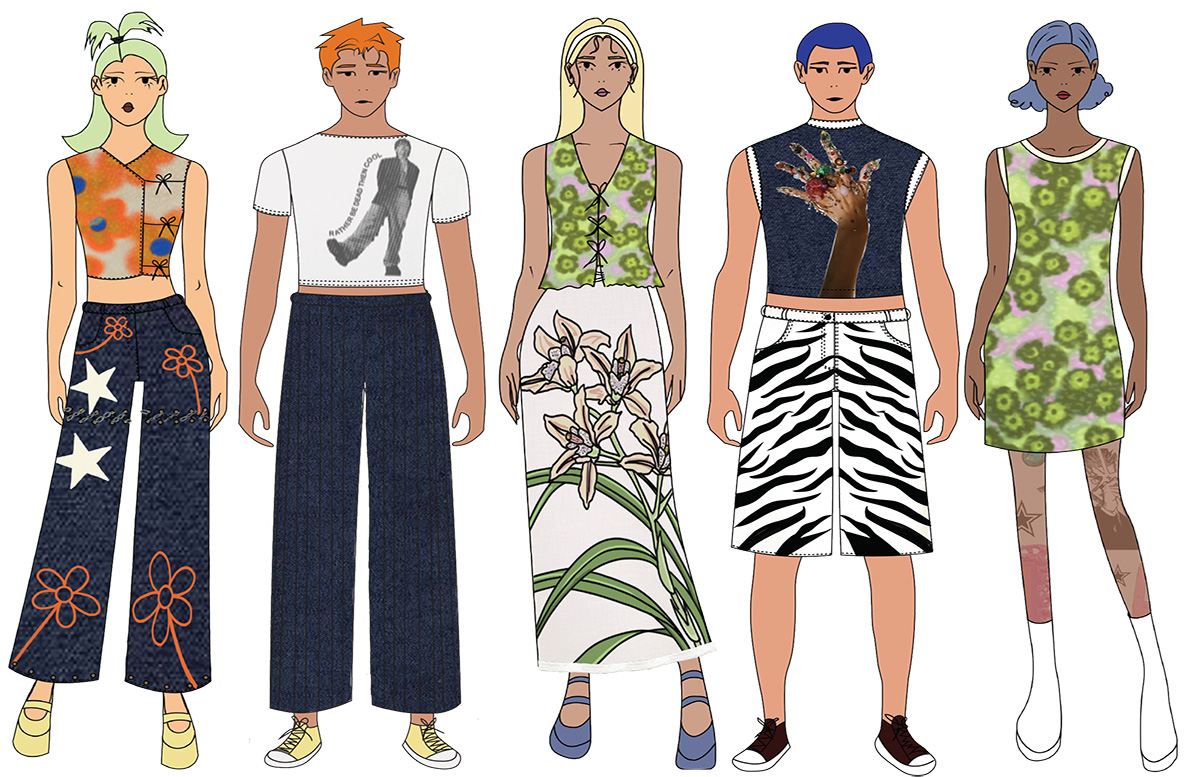 Five illustrations of the collection “Maximizing Microsoms” that were rendered in Adobe Illustrator. The first illustration is a girl wearing an orange top with printed flowers and a pair of pants that have hand-painted white stars and orange flowers. The top is reversible, and the other side is denim. The pants have chains on them so you can turn the pants into shorts. The second illustration is a guy wearing a white top with a screenprinted model on the front that says “rather be cool than dead”. His pants are denim and made up of pintucks. The third illustration, a girl, has a green top with printed flowers that are tied together. She has a skirt that is tied together and has hand-painted lilies on the front. The fourth illustration is a guy wearing a denim top with a hand etched on the front that is bedazzled. He is also wearing jorts that have tiger stripes etched on them. The fifth illustration, a girl, is wearing a dress that is also green with printed floors. She is also wearing leggings that have a custom printed fabric.  
