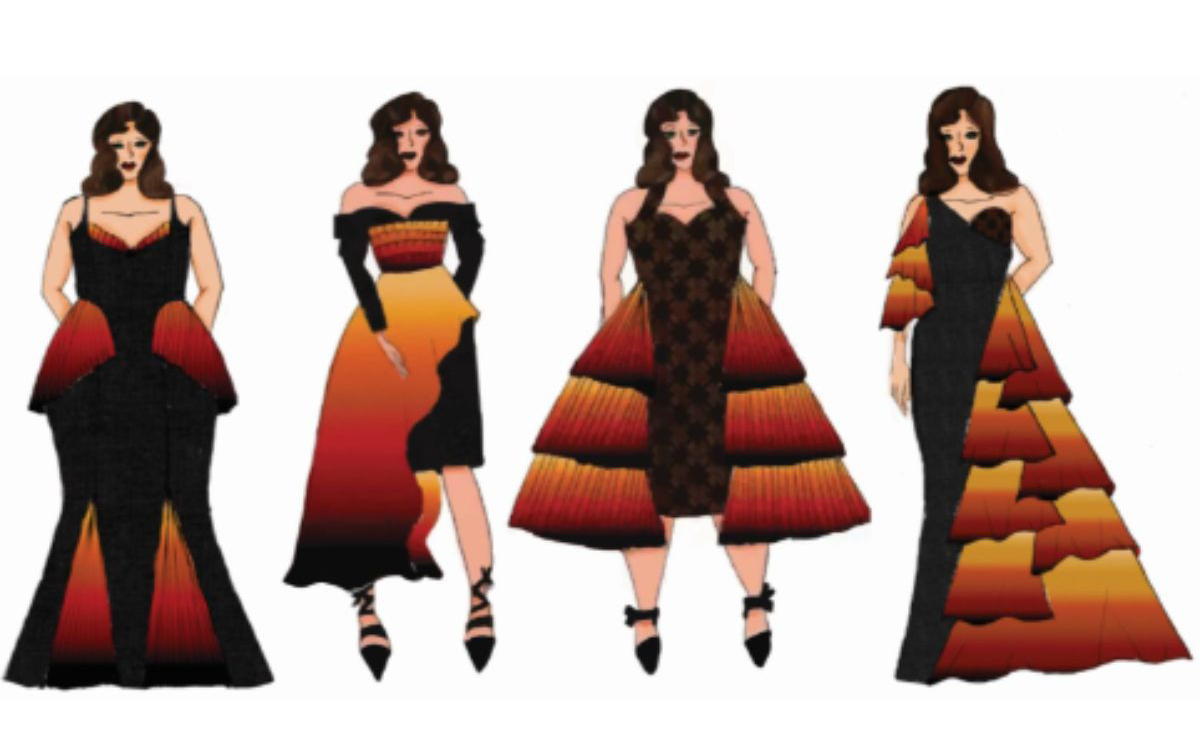 Four illustrations of evening wear dresses that have black, fitted silhouettes with accents that are in a gradient of yellow, orange, red, and black.