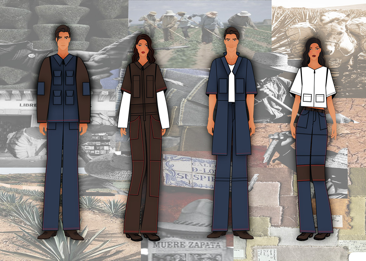 The four illustrations show blue and brown denim workwear: a bold two-tone jacket with jeans, a brown jumpsuit, an indigo set, and a white shirt with jeans. 