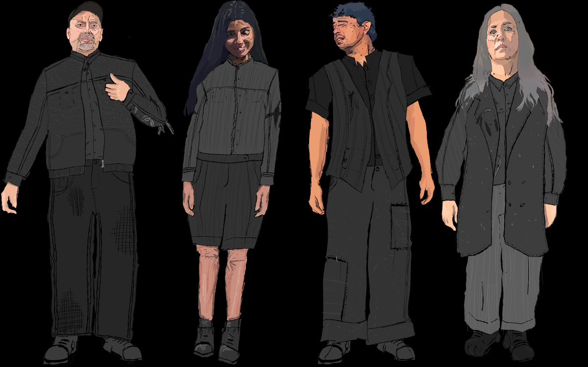 Four models wearing full black outfits, varying in age and silhouette.Four models wearing full black outfits, varying in age and silhouette.