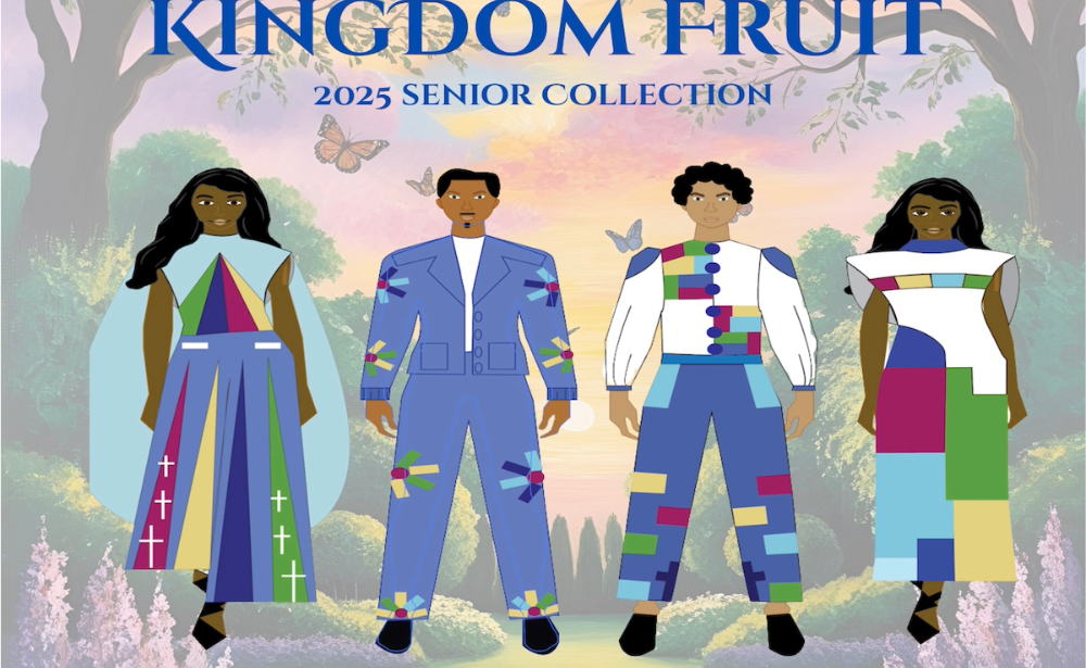 A visual draft showing the arrangement of illustrations planned for a collection called Kingdom Fruit, with colors blue, green, yellow, and magenta. 