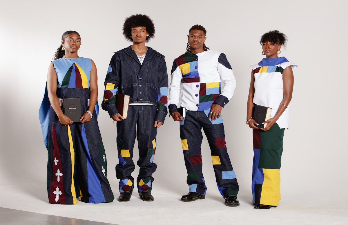 The final arrangement of garments planned for a collection called Kingdom Fruit, with colors blue, green, yellow, and magenta in geometric shapes. 