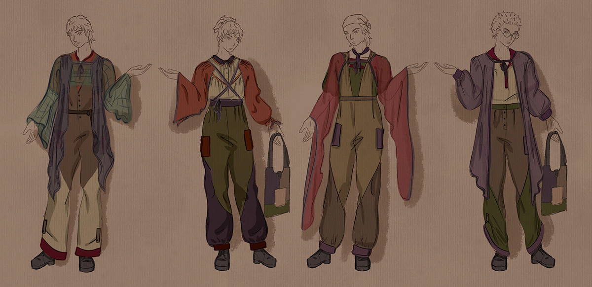 A sketch of four people wearing multi-layered garments in tones of green, brown, purple and rusty orange on a textured brown paper background.