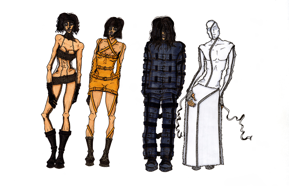 Four models (left to right), first female model posing in transparent leather corset with sleeves, second male model posing in black selvedge denim jacket and pants, third male model posing in gauze mask, long sleeve, and skirt, fourth female model posing in black leather neck, bust, and hip belts connected via chains.