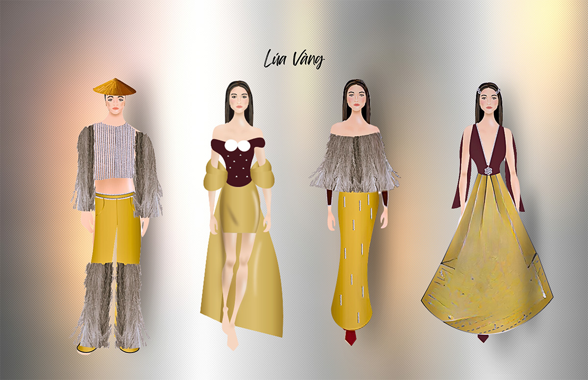 Technical sketches showcasing designs in golden hues inspired by Vietnamese rice fields, blending in: pearls, pampas leaves, and maroon. 