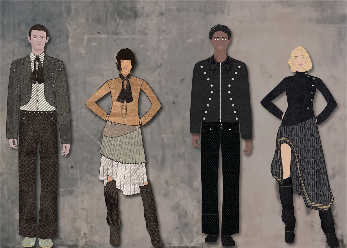 Illustration of four layered outfits from the fashion collection "Skin In Stitches” in front of a concrete wall. 