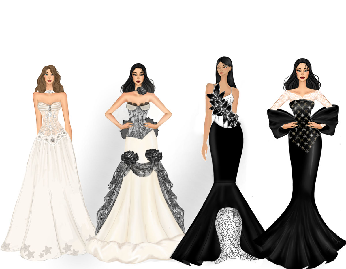Four models in cream, black, and white evening gowns adorned with intricate beading, floral accents, lace, and structured silhouettes inspired by feminine fantasy.