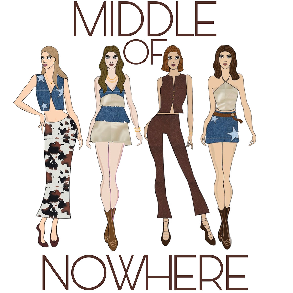 A digital fashion illustration lineup of four designs for Middle of Nowhere.