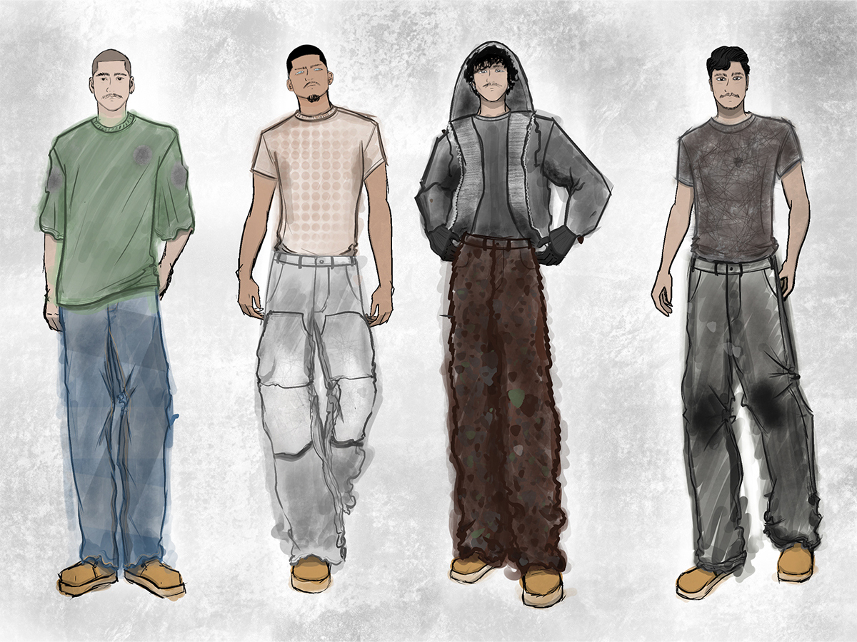 An illustration of four menswear looks utilizing unconventional dye and application techniques. Seen are textured workwear designs. 
