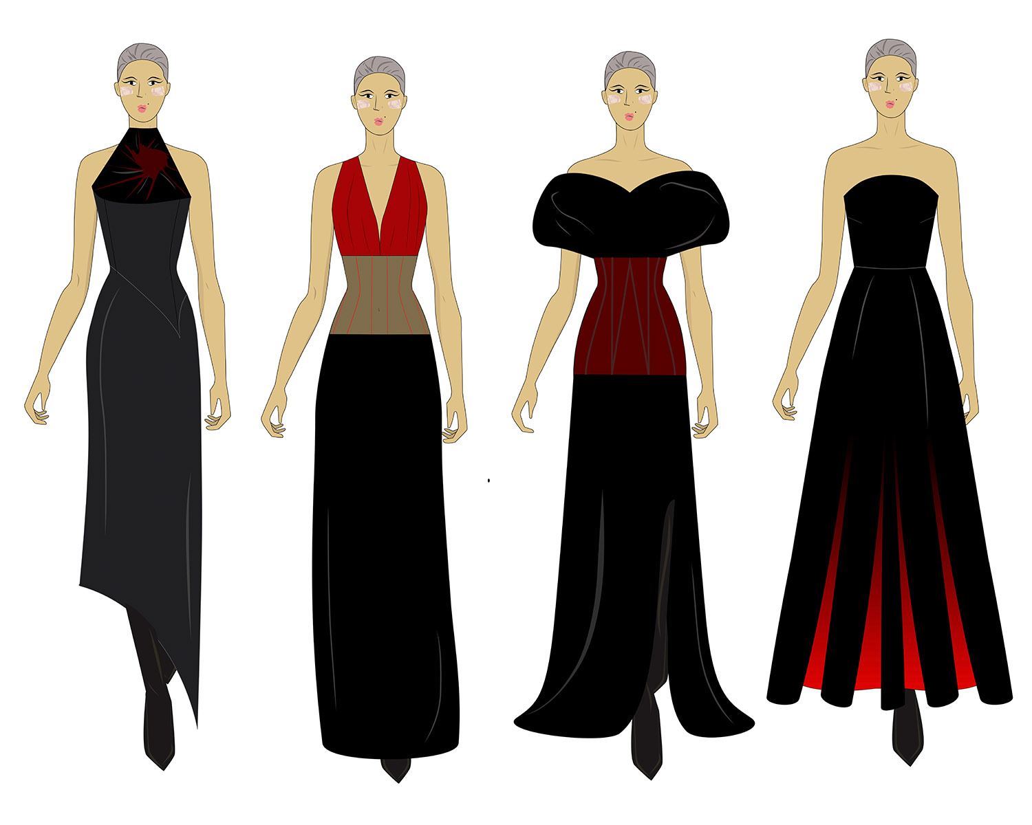 Four illustrations featuring black evening dress with a touch of red. 