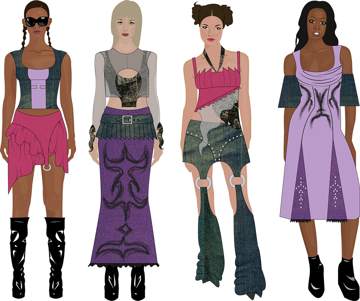 A four-piece collection of illustrations showcasing the front of different layered tops, bottoms, and dress