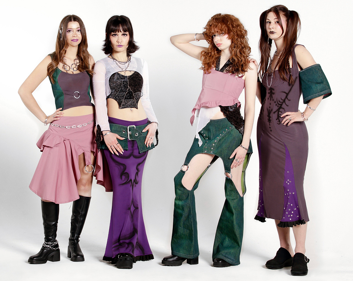 An image if the final four ensembles for the "Dress Code Violation" fashion collection