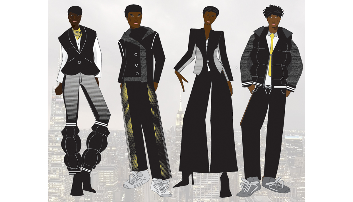 Four model illustrations posing above a city skyline.