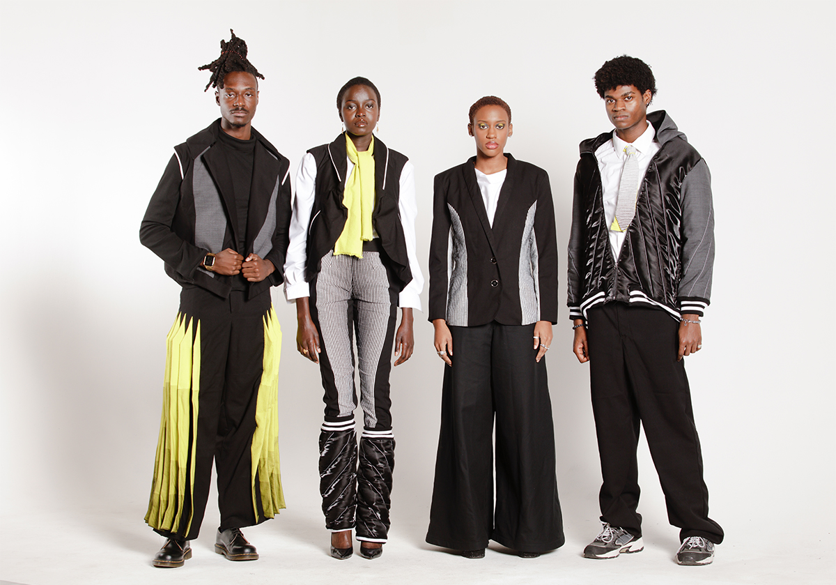 Models posing within the buisness building with serious faces