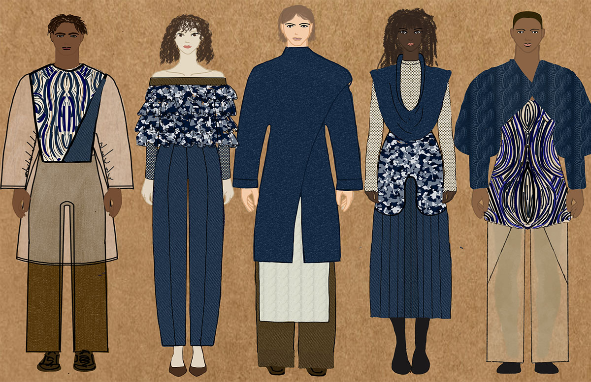5 sketches showcasing designs that are mainly blue and brown in color. That focus on sustainability 