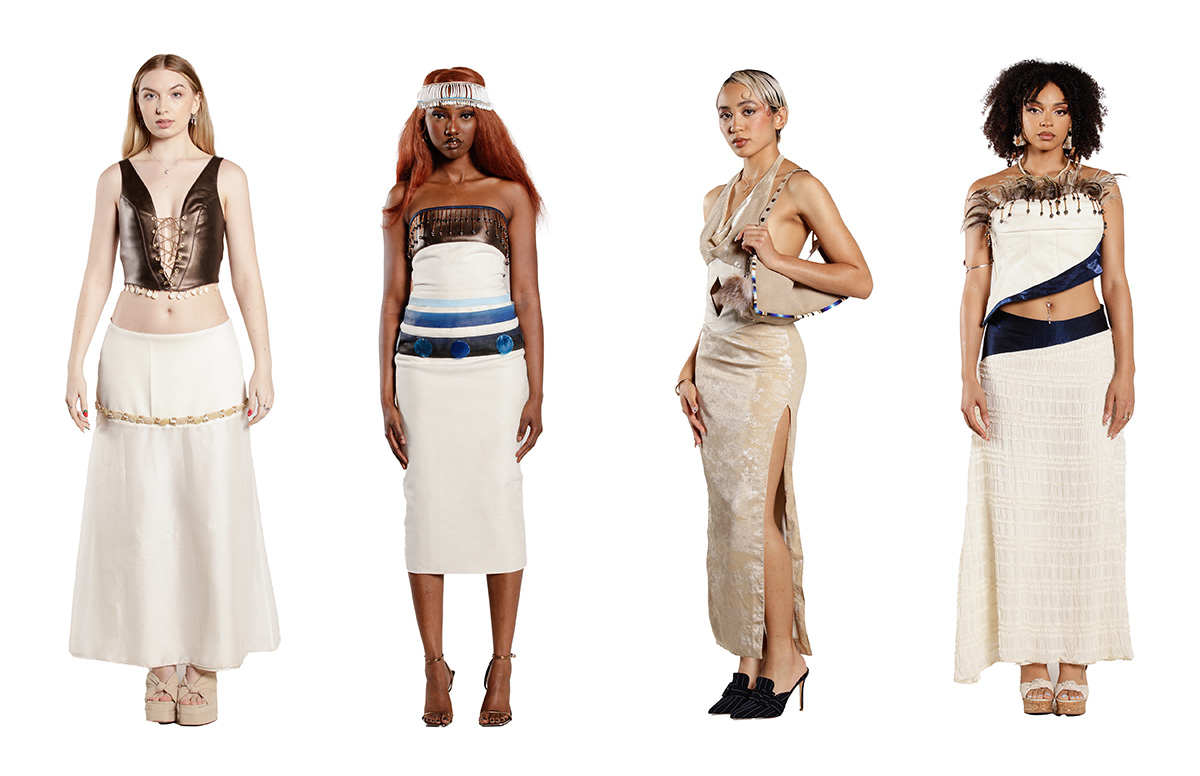 Four models wearing woven suede fitted dresses.