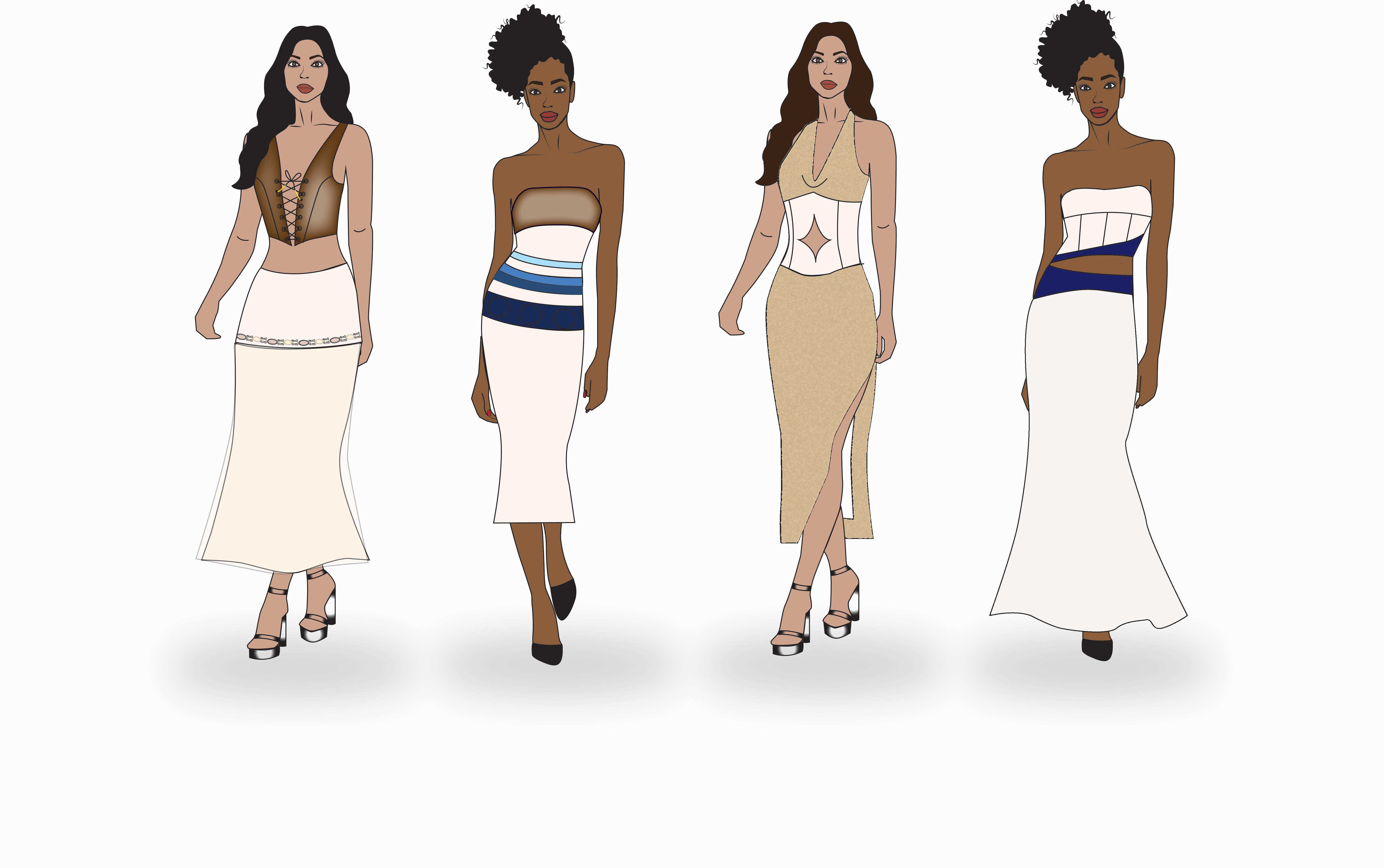 Four models wearing woven suede fitted dresses.