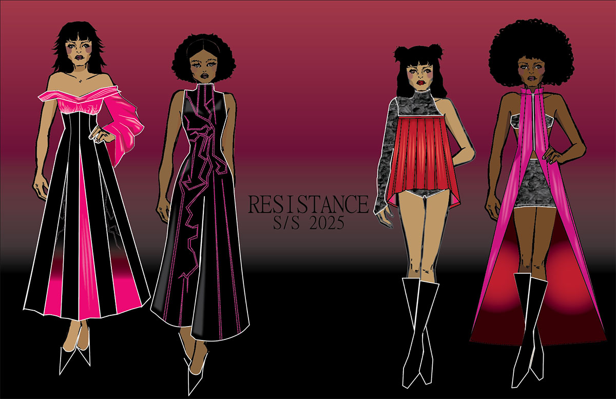 A digital drawing of four women in black, pink, and red eveningwear. In the background there is a magenta to black gradient from top to bottom.