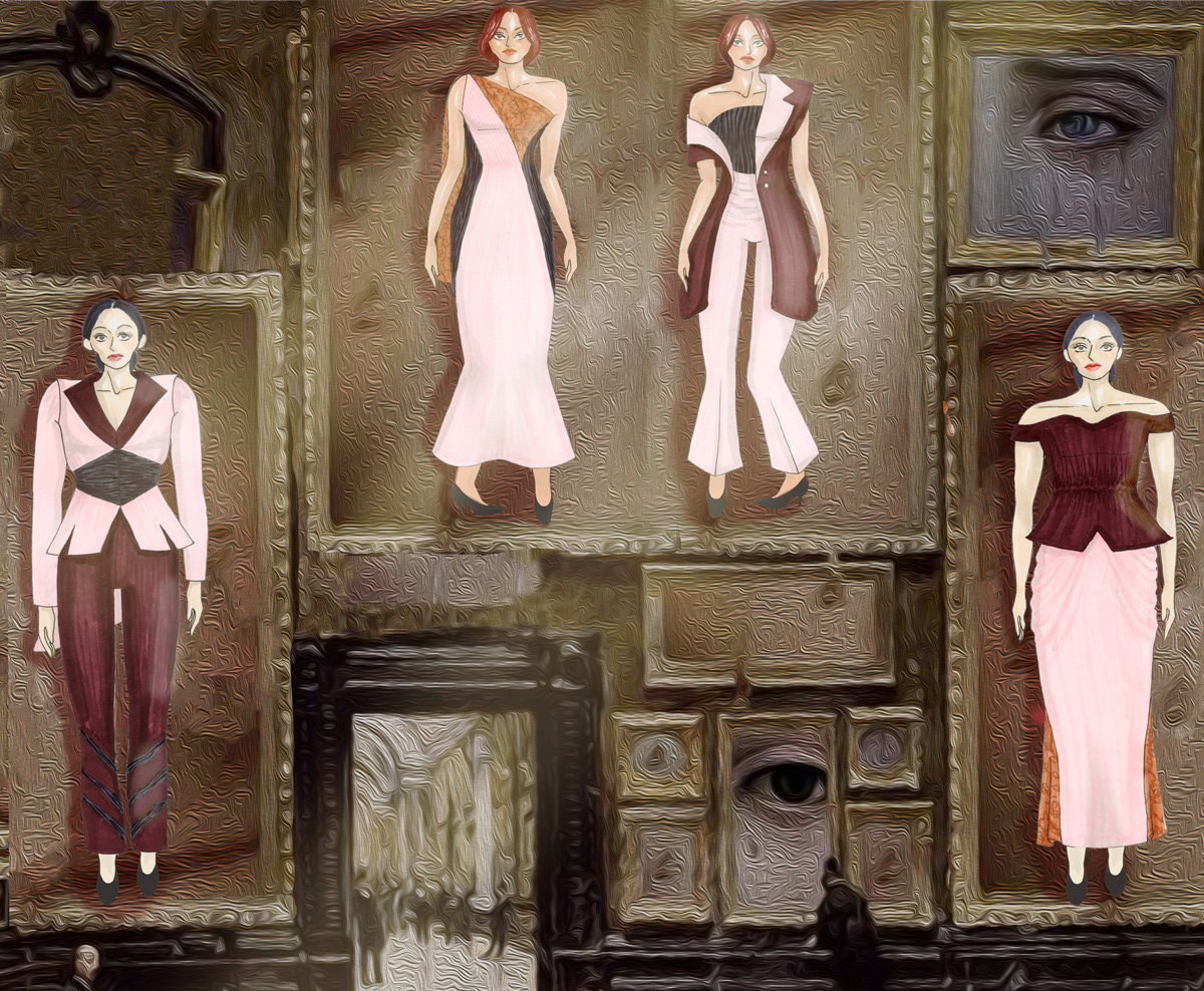 Four fashion illustrations of women wearing eveningwear ranging from suits, a dress, and bodice and skirt focused on showcasing the societal norms women have faced in regard to their bodies. Four models stand before distorted picture frames. 