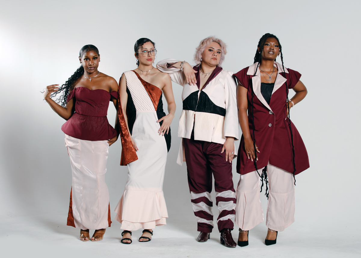 Four models wearing different types of eveningwear ranging from twill, brocade, and ECOVERO viscose fabrics. Noticeable techniques used are laser etching and cording. 