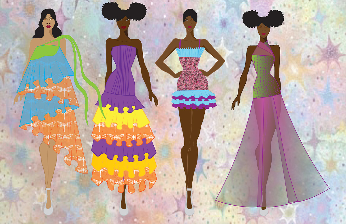 Illustration of four models wearing multi-colored dresses consisting of purple, blue, green, orange, and yellow.