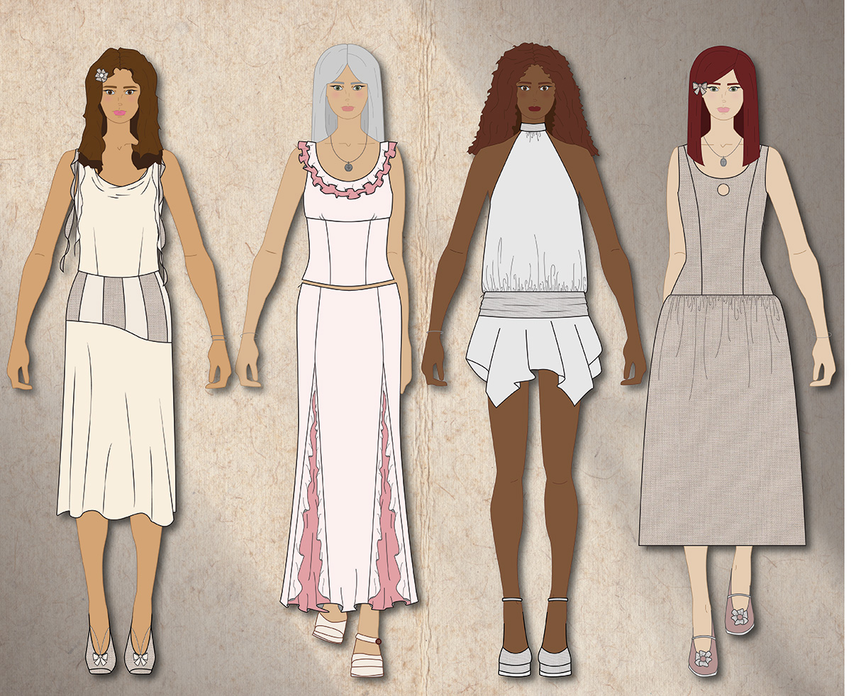 Rose Wright's senior collection "Circle of Dawn" is illustrated. From Left to Right: A cream colored cowl-neck top with cascading ruffles that fall from the shoulder is paired with a 12-gore yoke skirt that is fitted around the waist and hips before flaring out, it is worn on a tan, brown-haired model; a light pink fitted top features two layers of ruffles along the neckline which can be worn off the shoulders, it is paired with a floor length skirt of the same color that also has a ruffle trim along the perimeters of set-in godets, it is worn on a pale, gray-haired model; a dark-skinned model with curly hair wears a delicate silver halter top with a low back tucked into a mini skirt with a handkerchief hem; a pale red-haired model wears a low-waisted mauve dress that is tea length and features a small circle cutout in the middle of the chest.