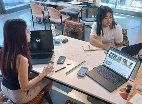 Two students working together at a table and using laptops.