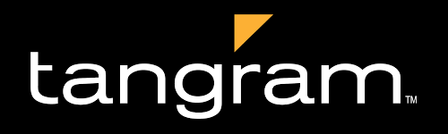 Tangram logo, white type on a black background.