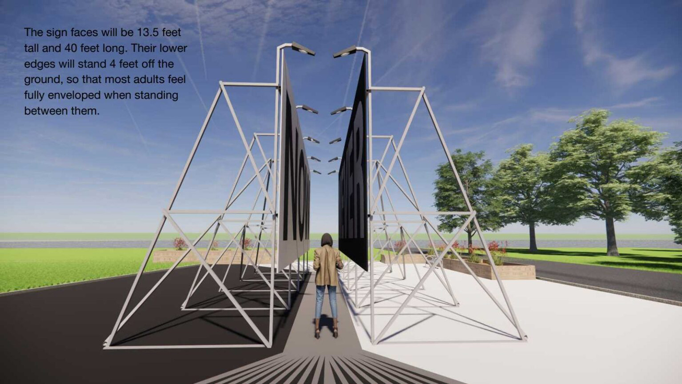 Preliminary design of two large billboards with a narrow path between them.