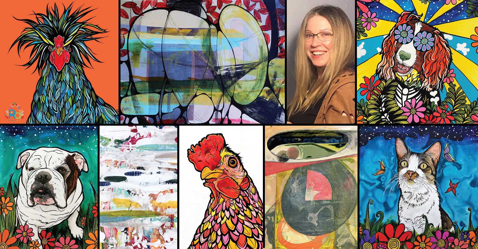 A collage of eight paintings by Robin Arthur and a photo of her smiling. The work shows a variety of her work and styles.