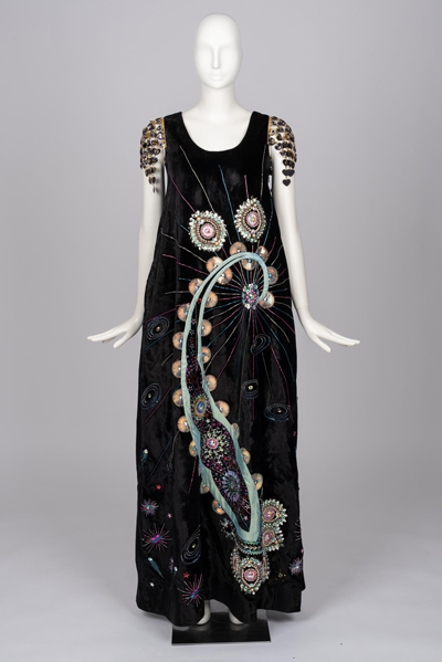 Full-length navy blue gown with embroidery by Manish Arora