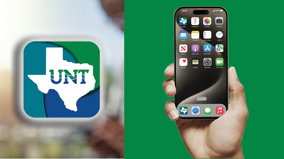 UNT System logo next to a hand holding an iPhone showing the UNT Go app on its screen.