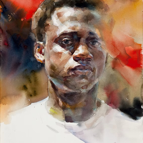 Watercolor of a man facing forward wearing a white T-shirt.