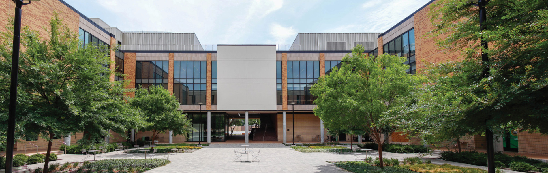 Art Building Courtyard showing the eastside inner facade's projection screen