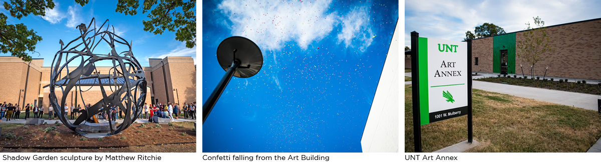 The Shadow Garden abstract sculpture, confetti falling from the Art Building, UNT Art Annex sign and north side entrance door