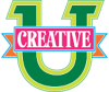 Creative in white letters on a magenta background, a capital letter in UNT dark and light green