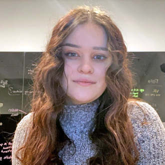 Kathryn facing forward, long wavy brown hair, brown-and-white sweater, computers in background.